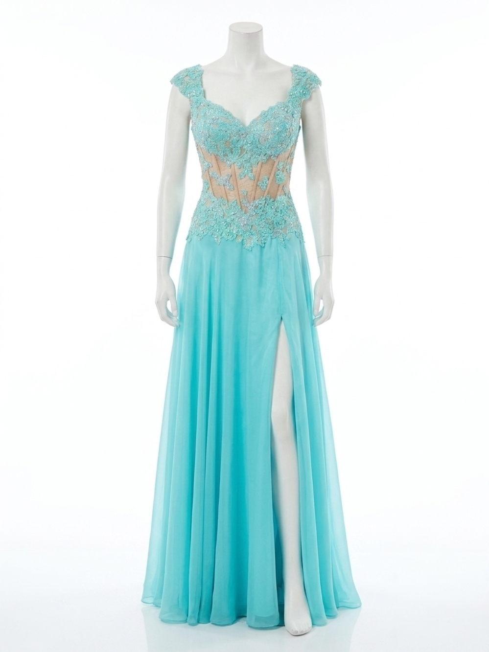NEW MAC DUGGAL lace gown in aqua/nude